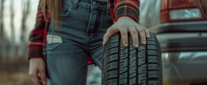 خانمی کنار ماشین درحال نگه داشتن یک لاستیک