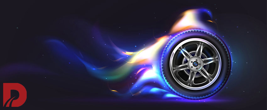 ظراحی دیجیتالی از یک لاستیک با شعله های آتش در اطرافش