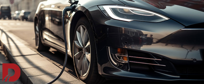 نمایی از جلوی یک ماشین برقی در حال شارژ